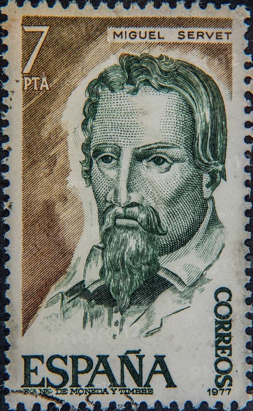 Miguel Servetus (1511-1553) was a Spanish (Aragonese) physician, physicist and theologian. Portrait on a Spanish postage stamp
