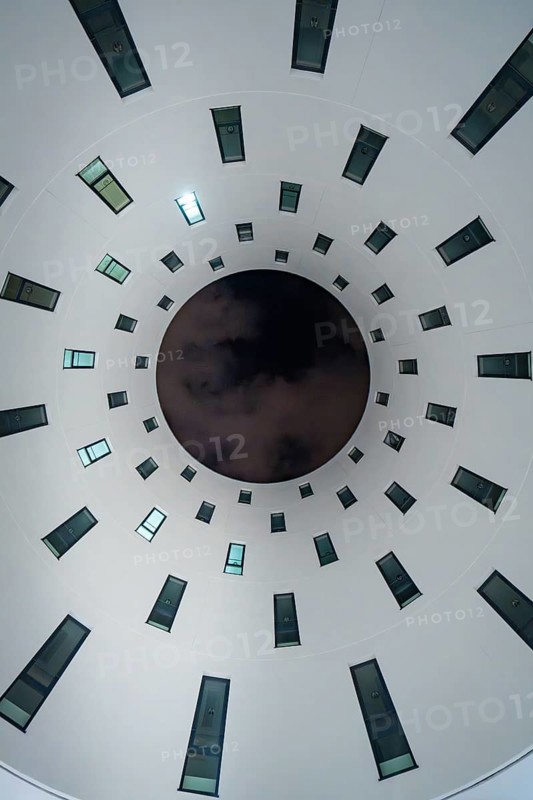 View of futuristic building with concentric window circles, Munich, Germany