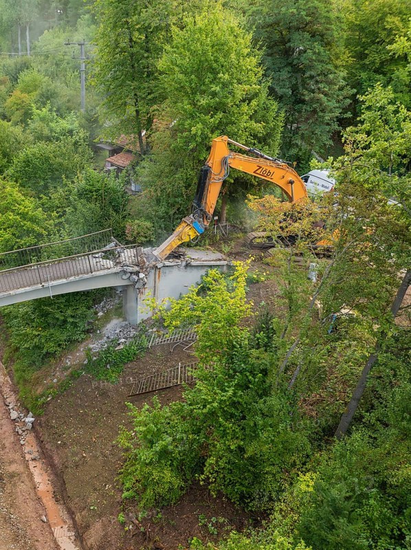 An excavator works on the demolition of a bridge from above in a forest area, bridge demolition, Calw, Germany