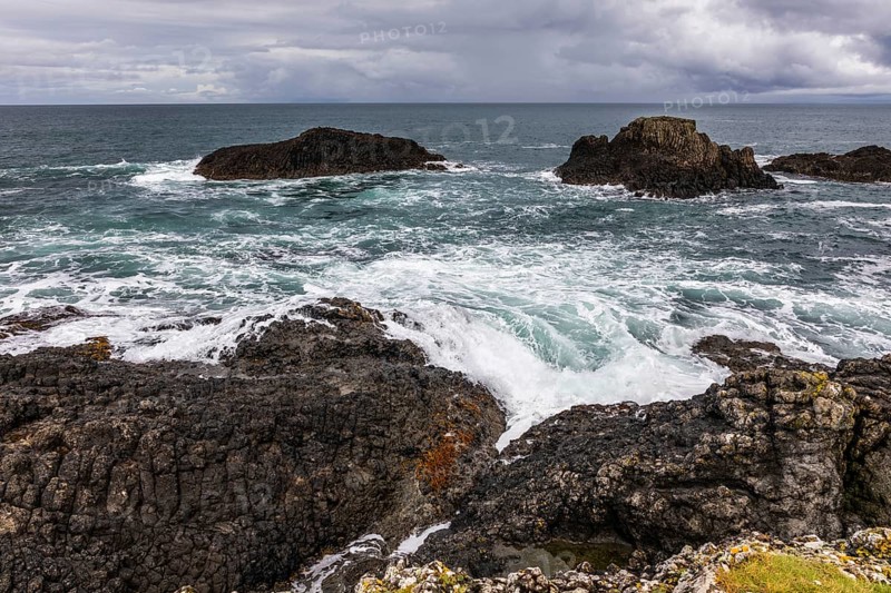Rocky coast, offshore islands, Ballintoy Harbour, Causeway Coastal Route, Antrim, Northern Ireland, Great Britain