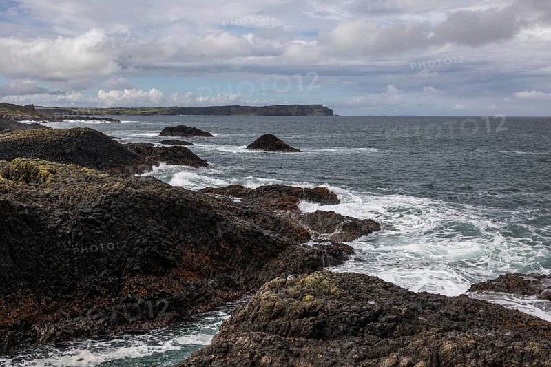 Rocky coast, offshore islands, Ballintoy Harbour, Causeway Coastal Route, Antrim, Northern Ireland, Great Britain