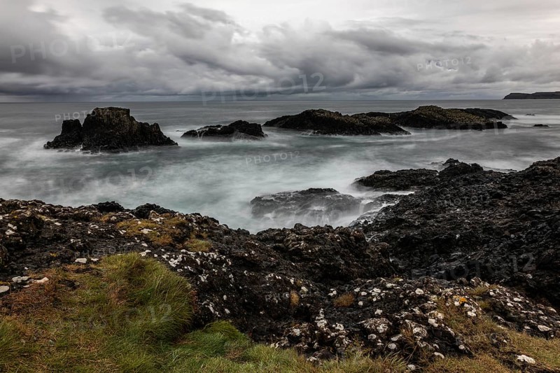 Rocky coast, offshore islands, Ballintoy Harbour, Causeway Coastal Route, Antrim, Northern Ireland, Great Britain
