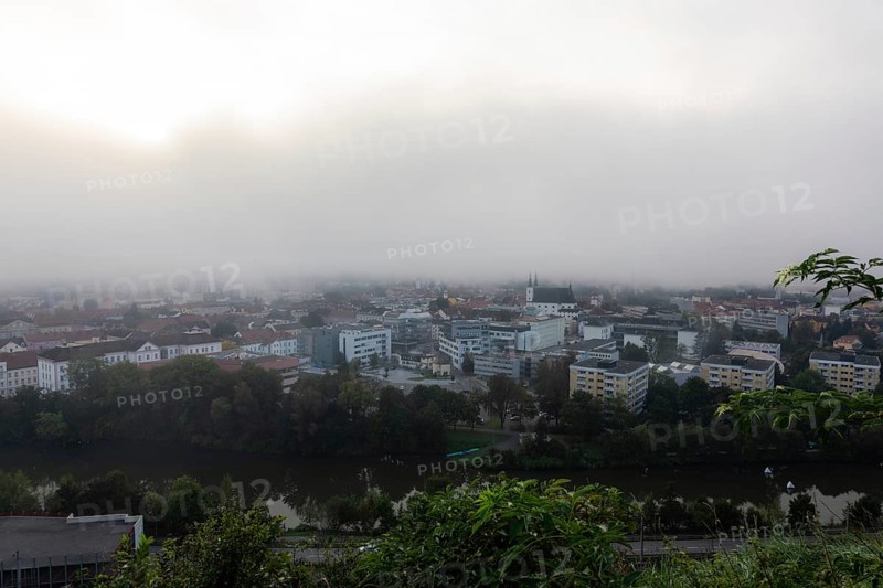 The city of Leoben in the early morning fog, Leoben, Styria, Austria