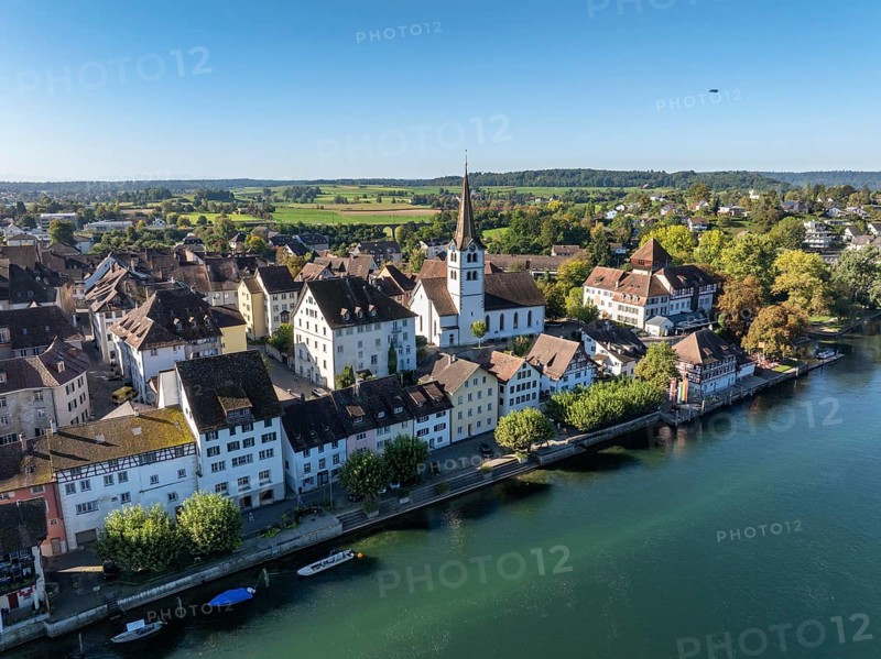 Aerial view of the old town centre of Diessenhofen am Rhein, Canton Thurgau, Switzerland