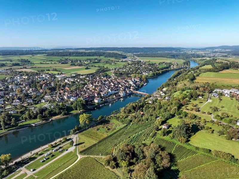 Aerial view of Diessenhofen with the historic wooden bridge over the Rhine, in the foreground a vineyard, vineyard slope, Canton Thurgau, Switzerland