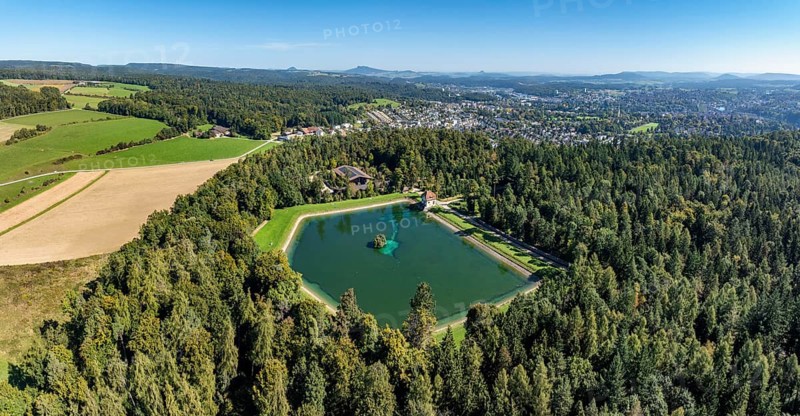 Aerial view, panorama of the Engeweiher above Schaffhausen, built in 1907 and the first pumped storage plant in Switzerland, the Hegau Mountains on the horizon, Canton Schaffhausen, Switzerland