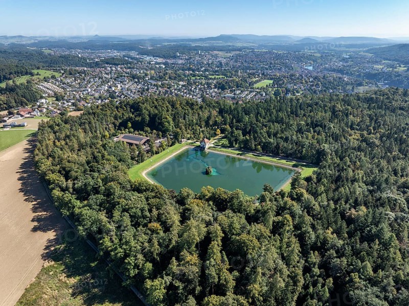 Aerial view of the Engeweiher above Schaffhausen, built in 1907 and the first pumped storage plant in Switzerland, with the Hegau Mountains on the horizon, Canton Schaffhausen, Switzerland