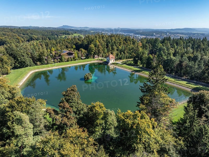 Aerial view of the Engeweiher above Schaffhausen, built in 1907 and the first pumped storage plant in Switzerland, with the Hegau Mountains on the horizon, Canton Schaffhausen, Switzerland