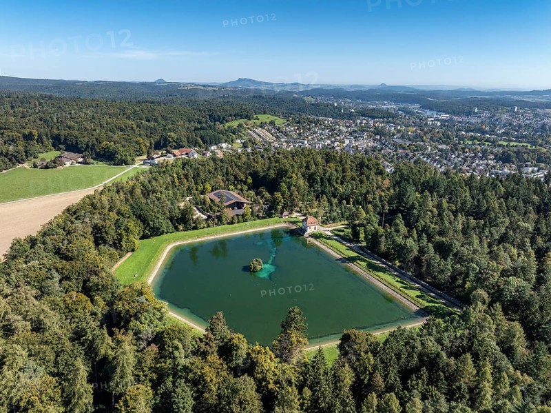 Aerial view of the Engeweiher above Schaffhausen, built in 1907 and the first pumped storage plant in Switzerland, with the Hegau Mountains on the horizon, Canton Schaffhausen, Switzerland