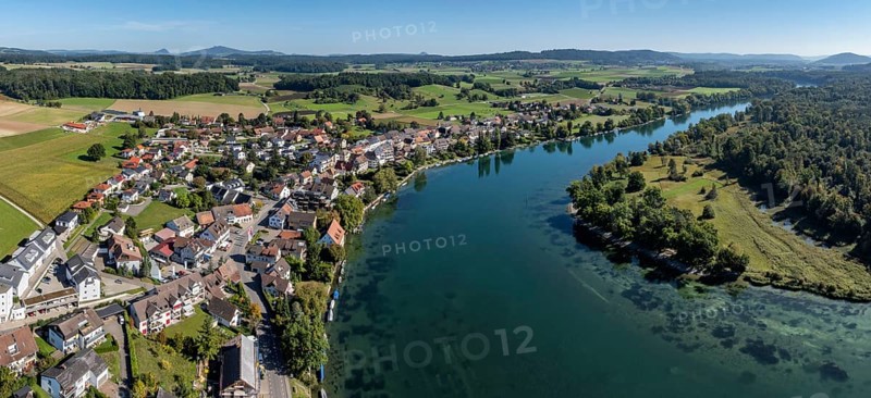 Aerial view, panorama of the municipality and enclave of Büsingen am Hochrhein, Rhine, on the left on the horizon the Hegau mountains, district of Constance, Baden-Württemberg, Germany