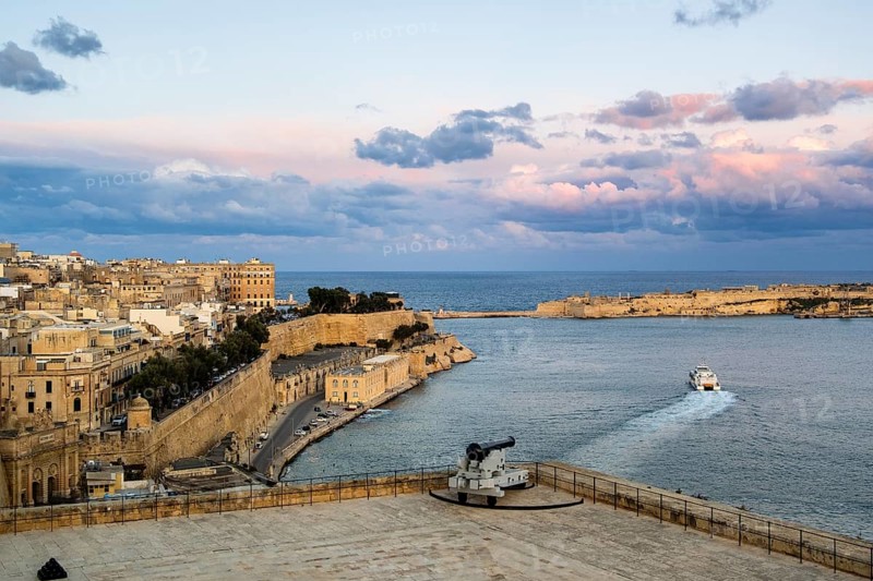 Seafront, amazing view of historic La Valletta with Lower Barrakka gardens, taken from Upper Barrakka garden, capital city, Malta