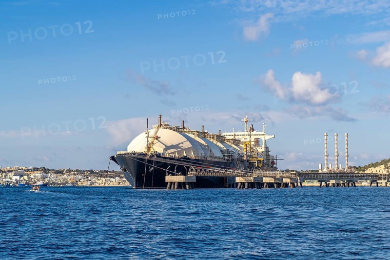 Floating Storage Unit or FSU next to power station by Marsaxlokk, south of Malta