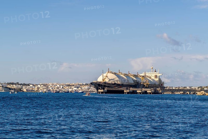 Floating Storage Unit or FSU next to power station by Marsaxlokk, south of Malta