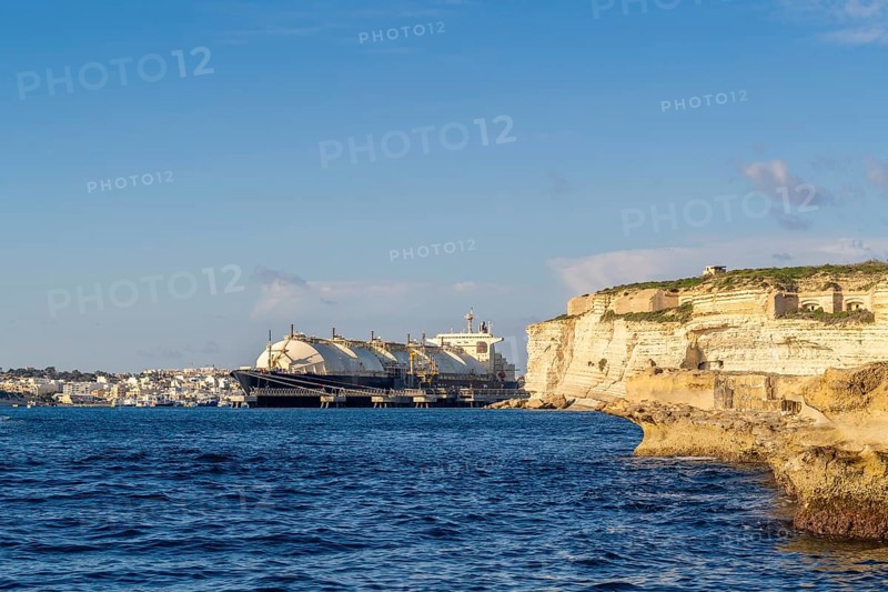 Floating Storage Unit or FSU next to power station by Marsaxlokk, south of Malta