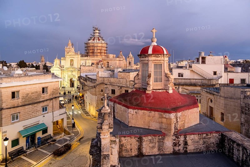 Rabat skyline with St Paul church dome on the left during sunset, Rabat Mdina, Malta