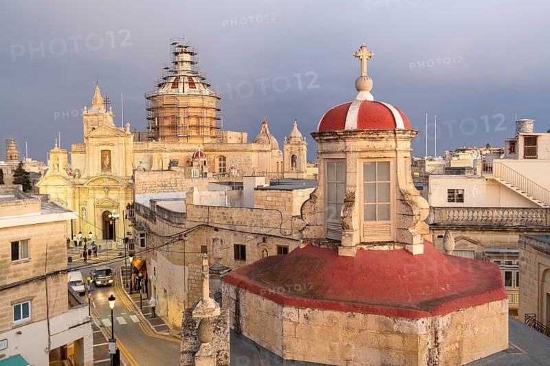 Rabat skyline with St Paul church dome on the left during sunset, Rabat Mdina, Malta