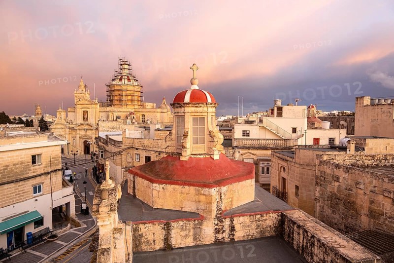Rabat skyline with St Paul church dome on the left during sunset, Rabat Mdina, Malta