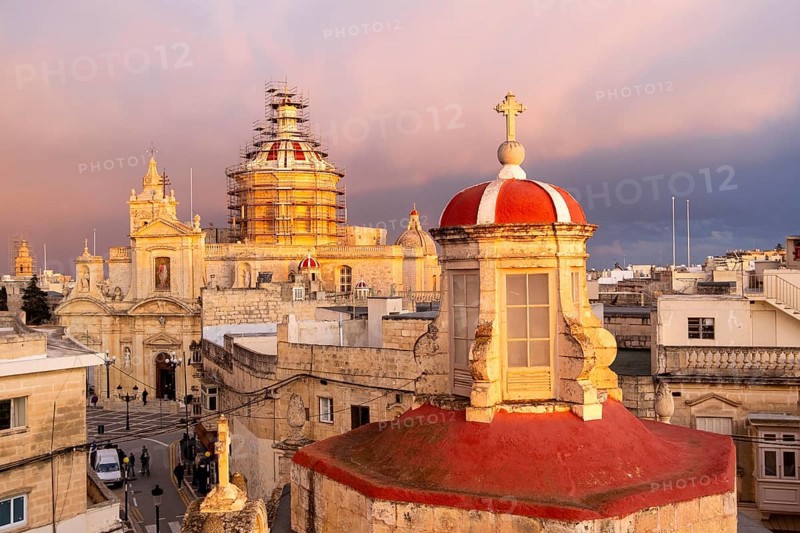 Rabat skyline with St Paul church dome on the left during sunset, Rabat Mdina, Malta