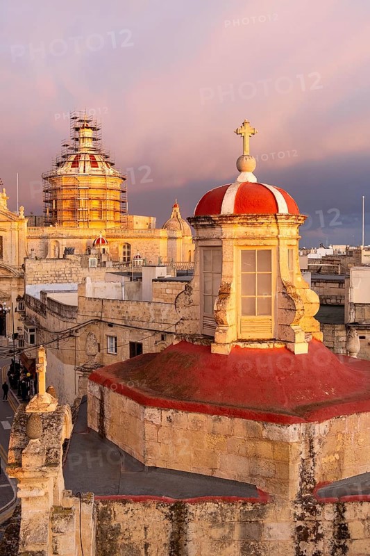 Rabat skyline with St Paul church dome on the left during sunset, Rabat Mdina, Malta