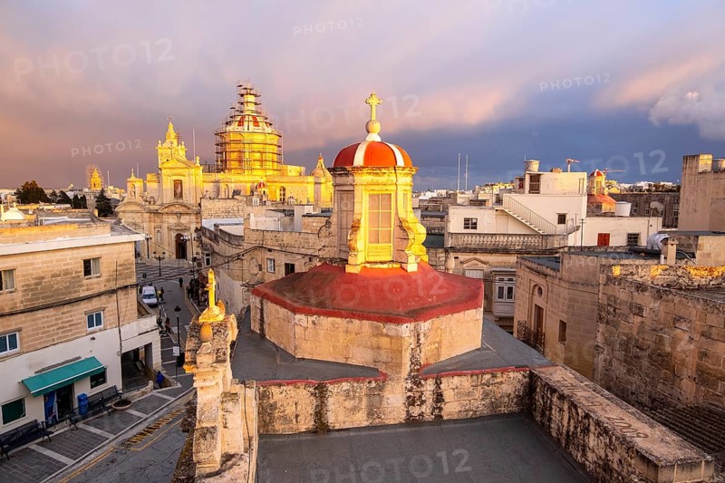 Rabat skyline with St Paul church dome on the left during sunset, Rabat Mdina, Malta