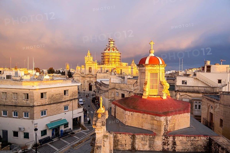 Rabat skyline with St Paul church dome on the left during sunset, Rabat Mdina, Malta