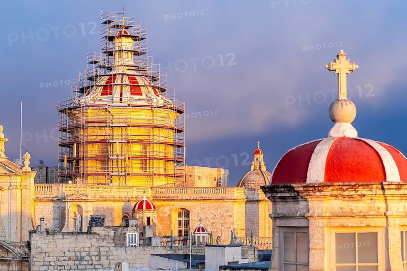 Rabat skyline with St Paul church dome on the left during sunset, Rabat Mdina, Malta