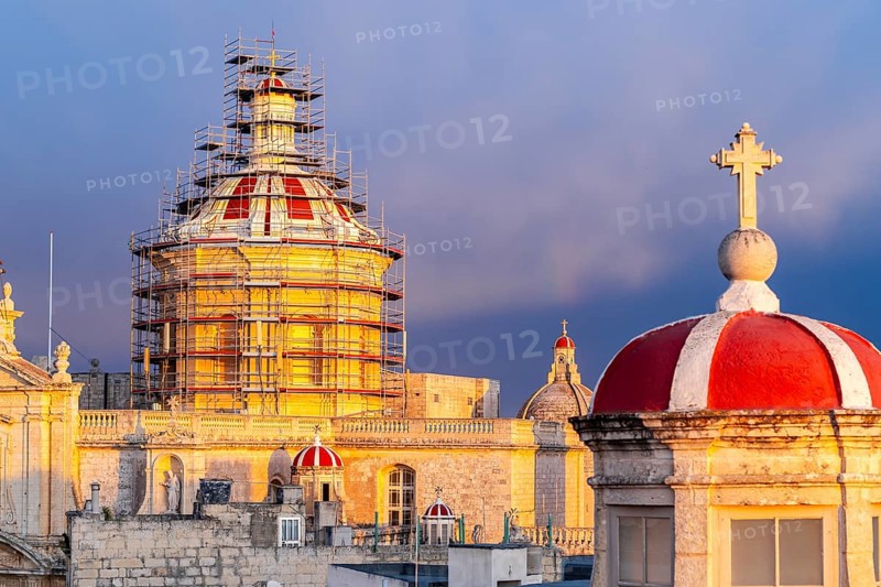 Rabat skyline with St Paul church dome on the left during sunset, Rabat Mdina, Malta