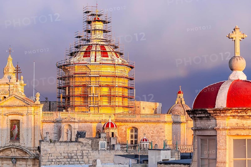Rabat skyline with St Paul church dome on the left during sunset, Rabat Mdina, Malta