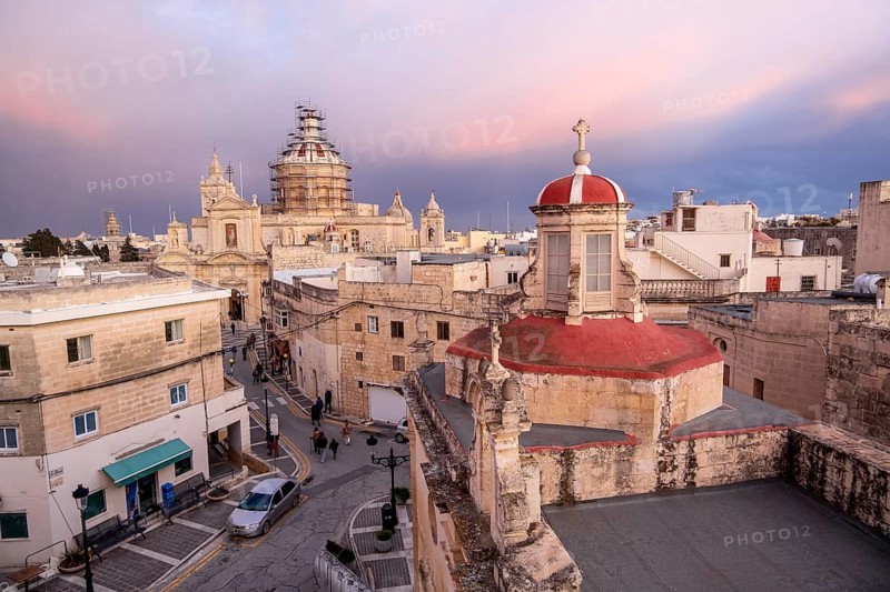 Rabat skyline with St Paul church dome on the left during sunset, Rabat Mdina, Malta