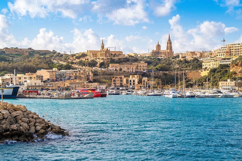 Beautiful view of Mgarr located on Gozo island, the main harbour connecting the island to Malta, Malta