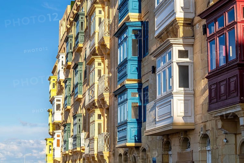 Amazing historic houses with colorful wooden balconies in La Valletta, capital city of Malta