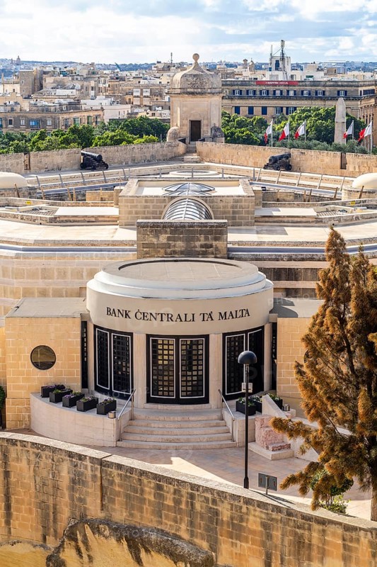 Valletta, Malta - December 26, 2023: View of Malta Central Bank in the capital city