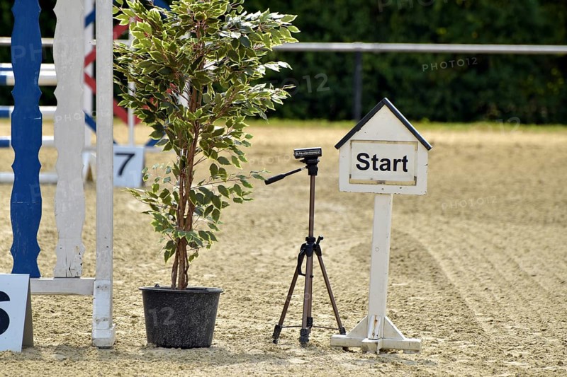 Starting area of a show jumping course with timing device at an equestrian event, Rhineland-Palatinate, Germany