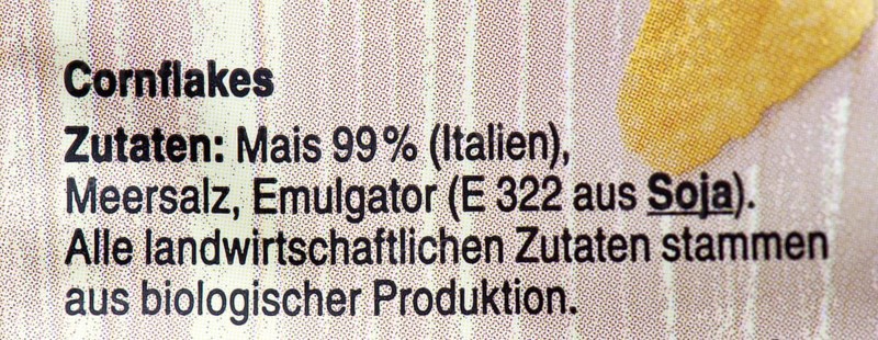 List of ingredients on a packet of cornflakes