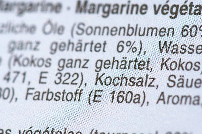 List of ingredients on a packet of margarine. Focus on table salt, salt