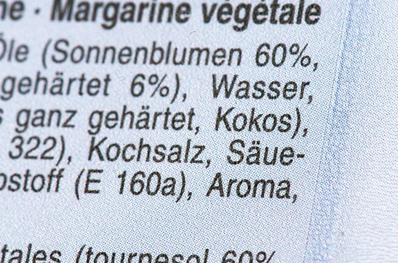 List of ingredients on a packet of margarine. Focus on flavour