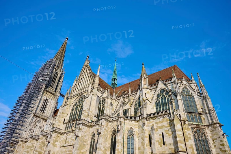 Majestic Gothic cathedral with numerous towers and a complex façade, St Peter's Cathedral, Regensburg, Bavaria, Germany