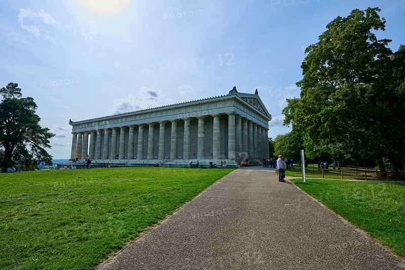 Large columned building stands at the end of a path, surrounded by green lawns, Walhalla, Donaustauf, Regensburg, Bavaria, Germany