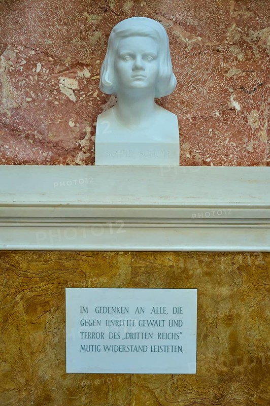 Marble bust of Sophie Scholl with memorial plaque in memory of resistance, Walhalla, Donaustauf, Regensburg, Bavaria, Germany