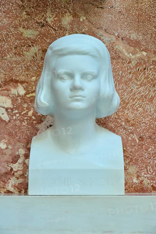 Marble bust of Sophie Scholl against a reddish background, Walhalla, Donaustauf, Regensburg, Bavaria, Germany
