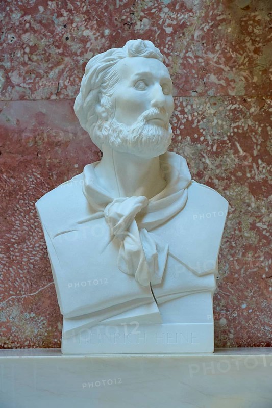 Marble bust of Heinrich Heine with beard against a reddish background, Walhalla, Donaustauf, Regensburg, Bavaria, Germany