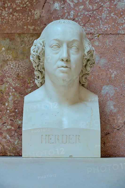 Marble bust of Johann Gottfried Herder against a reddish background, Walhalla, Donaustauf, Regensburg, Bavaria, Germany