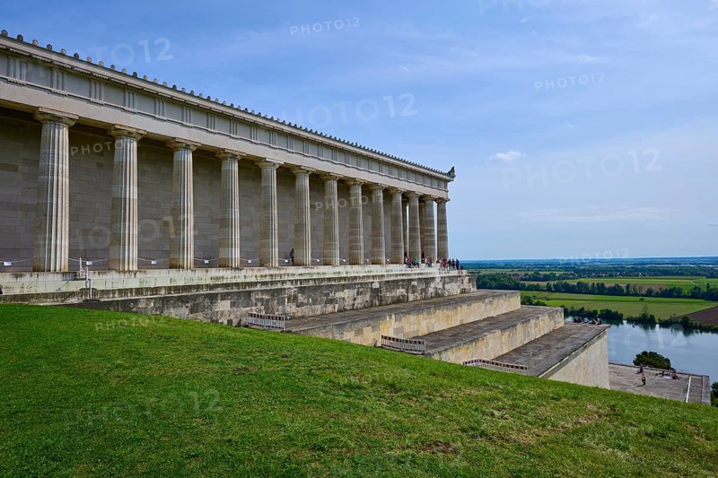 Side view of a building with columns, embedded in a green landscape, Walhalla, Donaustauf, Danube, Regensburg, Bavaria, Germany