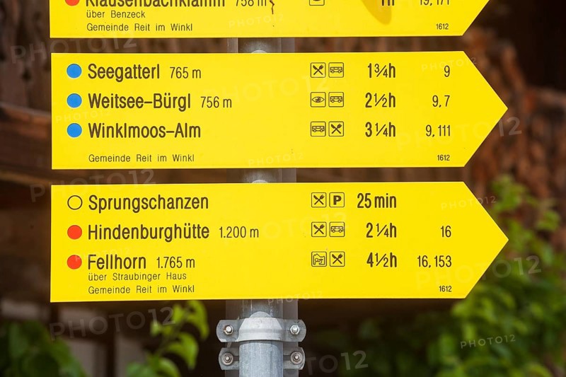 Yellow signposts for hiking trails, Reit im Winkl, Chiemgau, Upper Bavaria, Bavaria, Germany