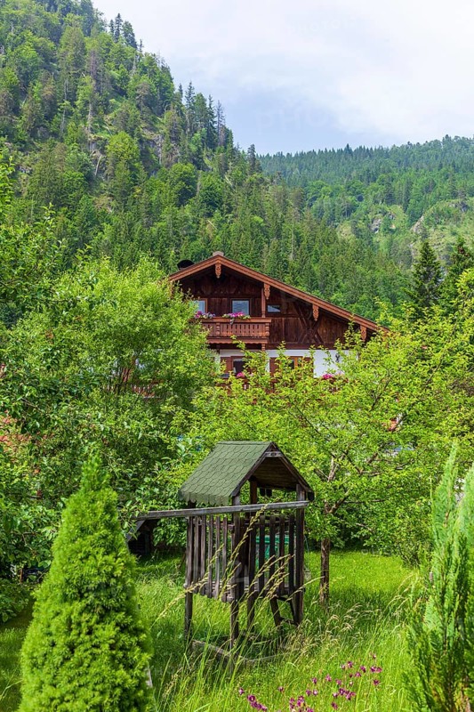 Old house with garden and forest, Reit im Winkl, Chiemgau, Upper Bavaria, Bavaria, Germany