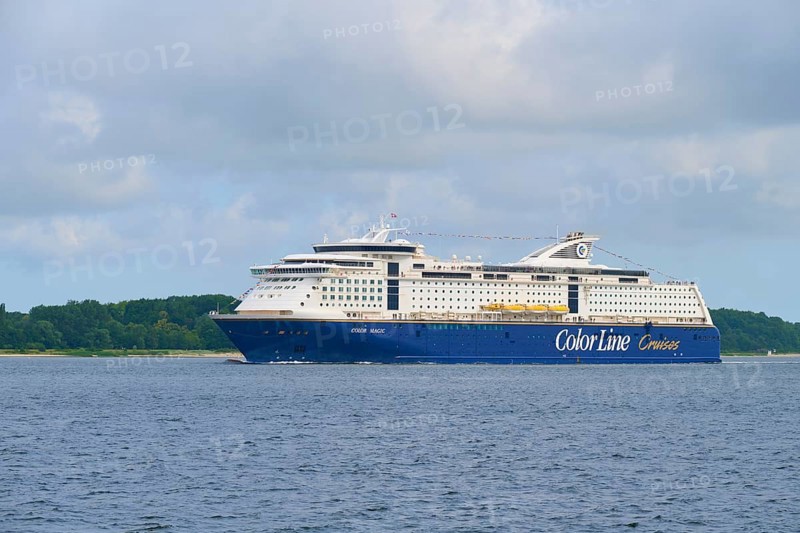 Ferry of the Color Line on the sea with cloudy sky, Heikendorf, district Plön, Kieler Förde, Schleswig-Holstein