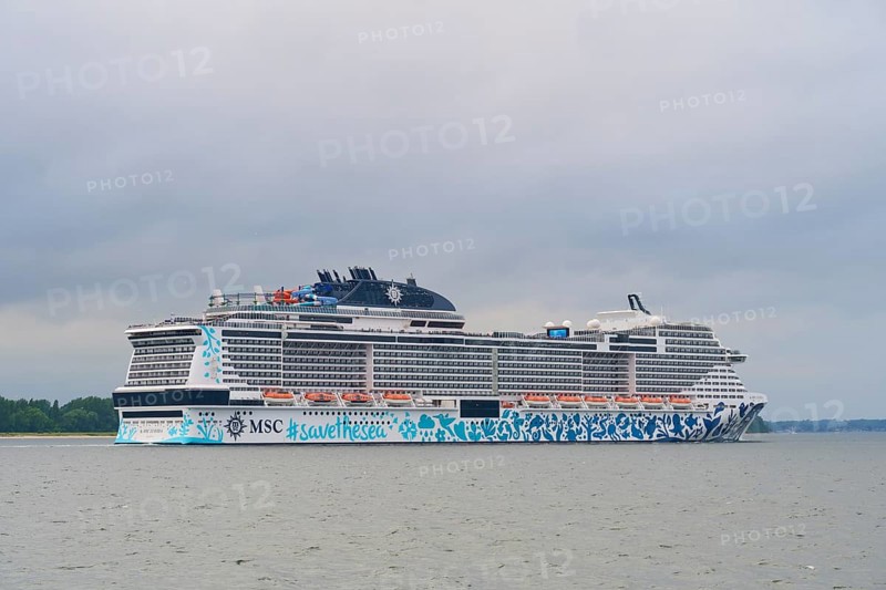 Large cruise ship, MSC Euribia, in calm waters under a cloudy sky, Heikendorf, Plön district, Kiel Fjord, Schleswig-Holstein, Germany