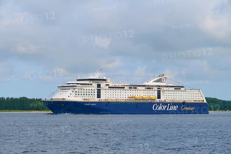 Large Color Line ferry on the sea under a cloudy sky, Heikendorf, Plön district, Kiel Fjord, Schleswig-Holstein, Germany