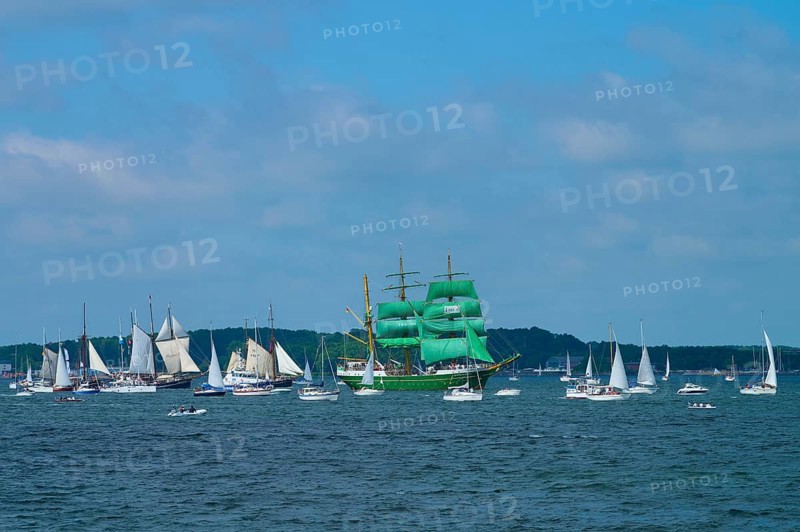 Many sailing boats on the ocean, a large green sailing ship Alexander von Humbold 2 in the centre of the scene, Windjammer Parade Kiel 2025, Heikendorf, Plön district, Kiel Fjord, Schleswig-Holstein, Germany