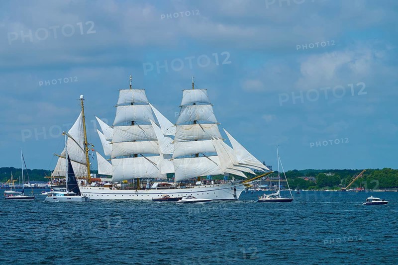A large sailing ship Gorch Fock with white sails on the water, Windjammer Parade Kiel 2025, Heikendorf, Plön district, Kiel Fjord, Schleswig-Holstein, Germany
